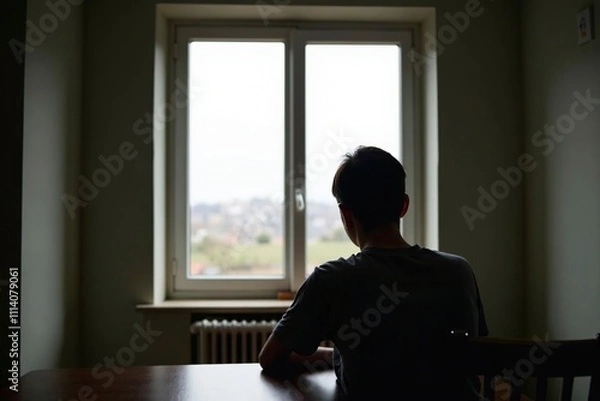 Fototapeta Single person gazing thoughtfully through a window, reflecting on solitude and introspection, capturing the essence of personal contemplation and inner peace.