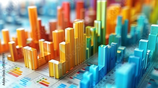 Fototapeta Colorful 3D bar charts on financial report, depicting growth and data analysis.