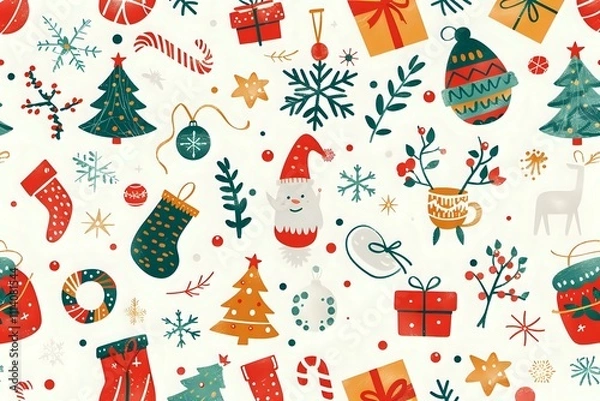 Fototapeta Delightful Christmas Decorations: Festive Ornaments, Candy Canes, and Holiday Trees Adorn this Cheerful Winter Design, Showcasing a Joyful Celebration with Symbolic Gifts and Snowflakes.