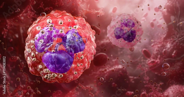 Fototapeta Neutrophils in the bloodstream, phagocytic white blood cell, type of granulocytes and phagocytes, part of innate immunity. Formed from stem cells in the bone marrow. 3D medical scientific illustration
