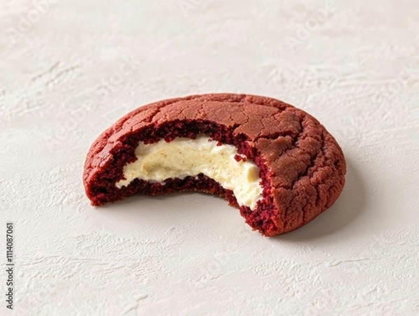 Obraz Delicious red velvet cookie with creamy filling, half eaten.