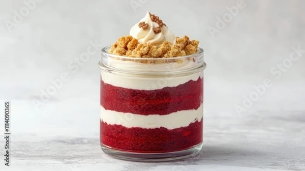 Obraz Delicious layered red velvet dessert in a glass jar with cream.