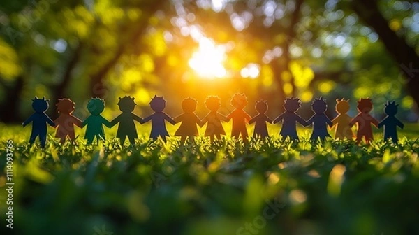 Fototapeta colorful paper people standing in a row symbolize a diversity. 