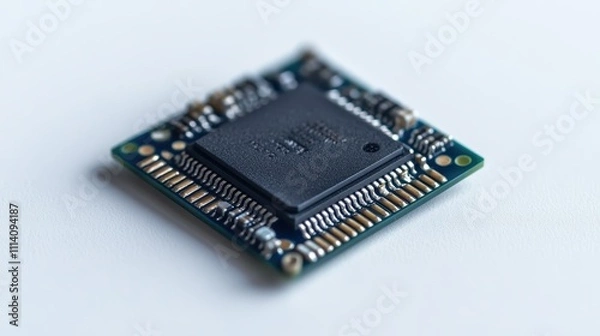 Fototapeta Black square electronic microchip, isolated on white background.