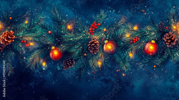 Obraz Seamless decorative Christmas border with coniferous branches and garlands of Christmas lights and ornaments cosmetics festival perfume