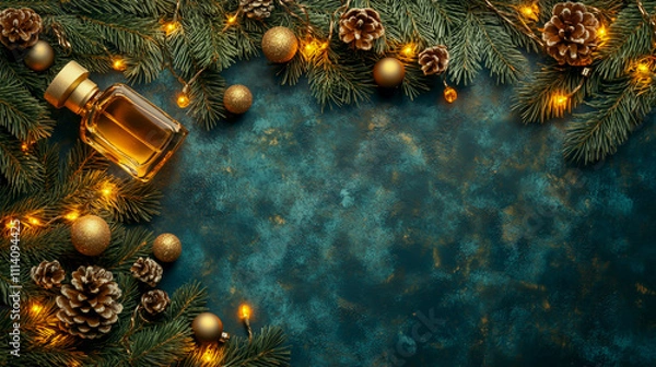 Obraz Seamless decorative Christmas border with coniferous branches and garlands of Christmas lights and ornaments cosmetics festival perfume