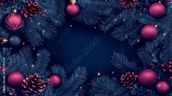 Obraz Seamless decorative Christmas border with coniferous branches and garlands of Christmas lights and ornaments cosmetics festival perfume