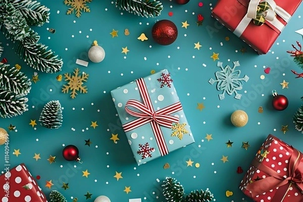Fototapeta Celebrate Festive Season: Unwrap Joy with Gift Boxes, Ornaments, and Sparkling Confetti, Adorned with Festive Decor for a Merry Holiday Season. Experience the Magic of Winter Wonderland.