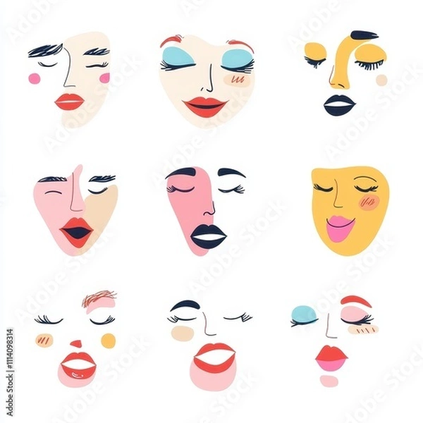 Obraz Minimalist illustration of a human face displaying various expressions on a white backdrop.