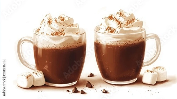 Fototapeta Hot drink chocolate, cocoa with whipped cream and marshmallow