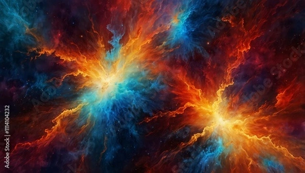 Fototapeta Vivid abstract background with a dynamic mix of red, orange, and blue colors resembling a fiery sky or a colorful nebula