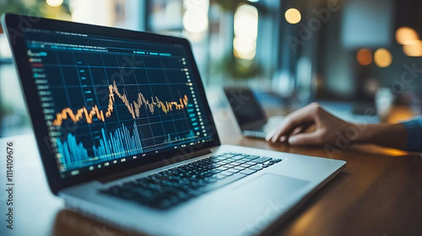 Obraz Analysis of financial data on a laptop with fluctuating stock market graphs displayed. Generative AI