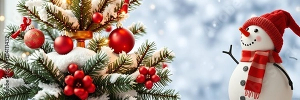 Fototapeta Cheerful snowman in winter wonderland scene with snow-covered trees, perfect for holiday greetings and seasonal decoration, holiday greetings, winter wonderland