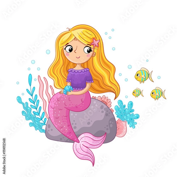 Fototapeta a cheerful mermaid with long blonde hair, sitting on a rock surrounded by underwater plants and colorful fish. She holds a small shell in her hands, creating a magical and vibrant underwater scene.