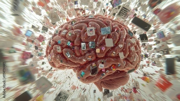 Fototapeta Digital Overload: Brain Rot Abstract Concept Art with Social Media Icons and Video Clips Representing Chaotic Digital Distractions
