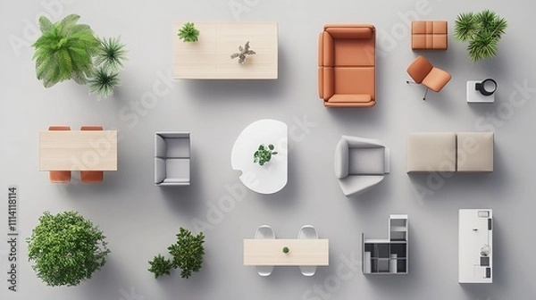 Obraz a top view of a furniture set, including a sofa, chairs, and a coffee table, all designed in a Scandinavian style with clean lines.