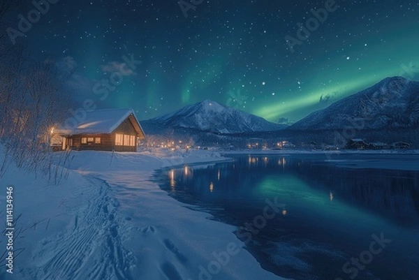 Fototapeta Cozy wooden cabin reflecting aurora borealis over frozen lake in snowy mountains
