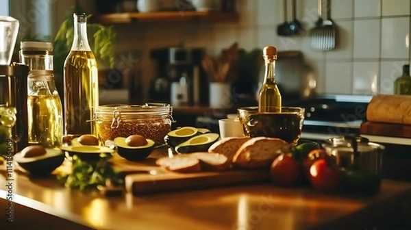 Fototapeta A kitchen countertop with heart-healthy oils, fresh avocados, and whole grain bread, promoting a balanced diet 