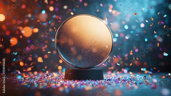 Fototapeta Sleek Metallic Round Sign on Colorful Confetti Background