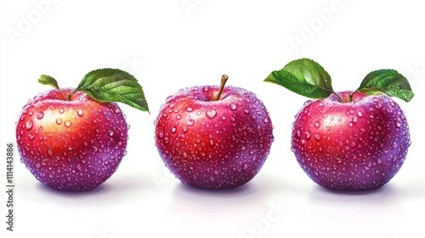 Fototapeta Fresh Apples with Dew Drops on White Background