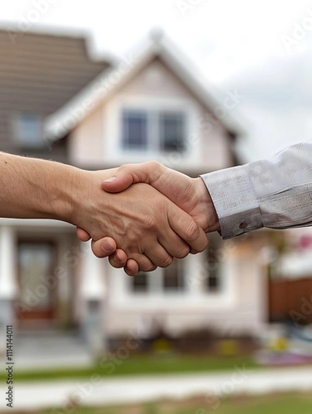 Obraz Two people shaking hands in front of house, symbolizing agreement and partnership. scene conveys sense of trust and collaboration in residential setting