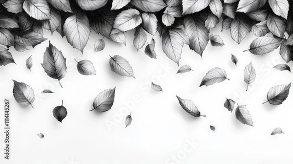 Obraz A minimalistic black and white illustration of falling autumn leaves.