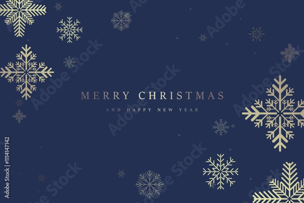 Fototapeta A snow flakes premium banner design, gold snow flakes on blue background. Elegant snow with A Merry Christmas and Happy New Year text for greeting card. Premium post card