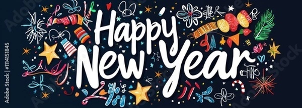 Fototapeta Happy New Year Festive Ornaments and Starry Night Design