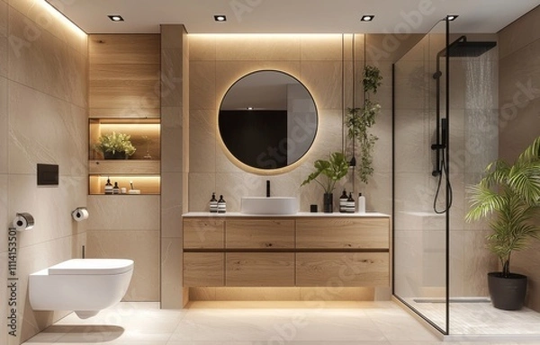 Fototapeta Modern minimalist-style bathroom with luxury marble finishes, floating toilet, large mirror, and sleek shower design