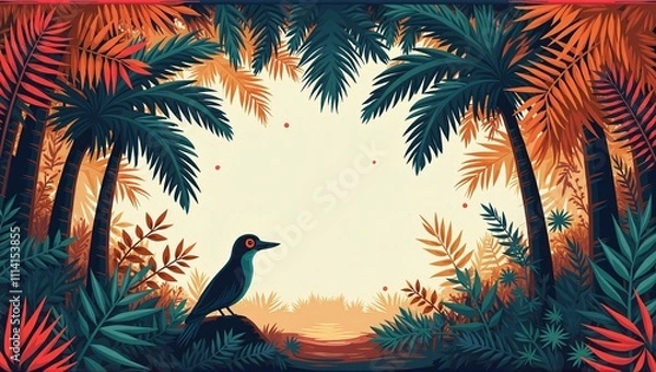 Fototapeta Lush tropical plants frame the image, vibrant flowers and exotic animals peeking through, creating a lively, colorful scene