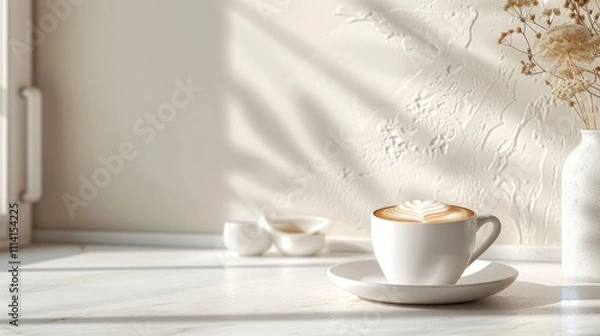 Fototapeta A serene coffee setting with a cup, saucer, and decorative vase on a marble surface.
