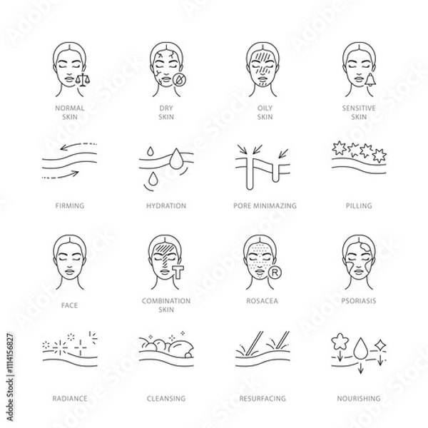 Obraz Cosmetology related icons - firming, pilling, hydration, cleansing, nourishing. Female face with symbols of type skin. Icon set, editable strokes, linear illustration.