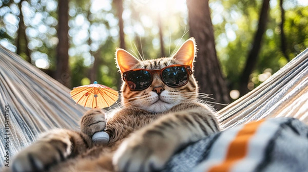 Obraz A relaxed cat wearing sunglasses enjoys a sunny day in a hammock, holding a tiny umbrella amid lush greenery.
