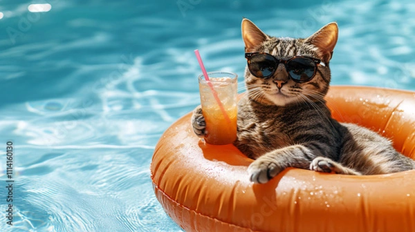 Obraz A cool cat lounges in a pool float with sunglasses and a drink, embodying summer vibes and relaxation.