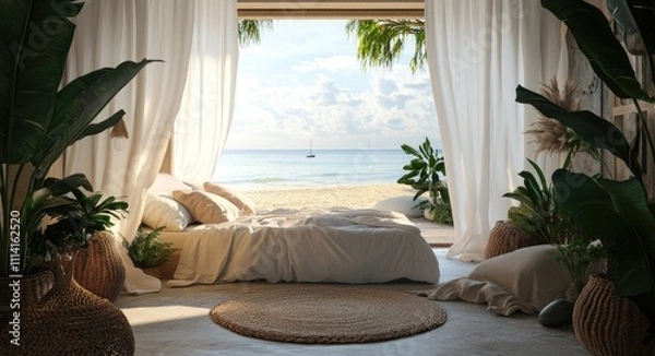 Obraz a tropical beach view from inside a bedroom with white curtains and linen bed sheets. A boho-style wooden arched door frame leads to the outdoors