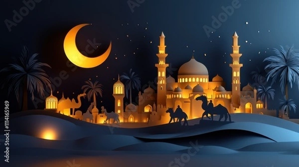 Obraz Illuminated Arabian Nights Desert Scene: Camels, Mosque, and Crescent Moon under Starry Sky