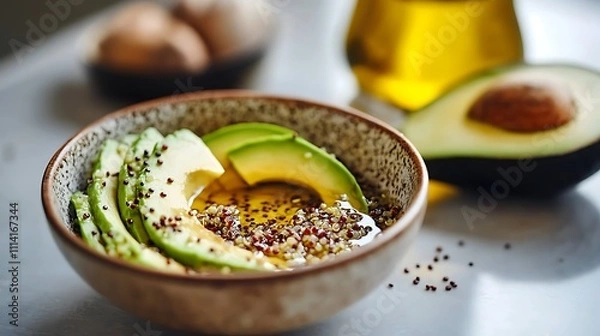 Fototapeta A bowl of quinoa salad garnished with avocado slices and drizzled with heart-healthy oil, placed on a bright kitchen counter 