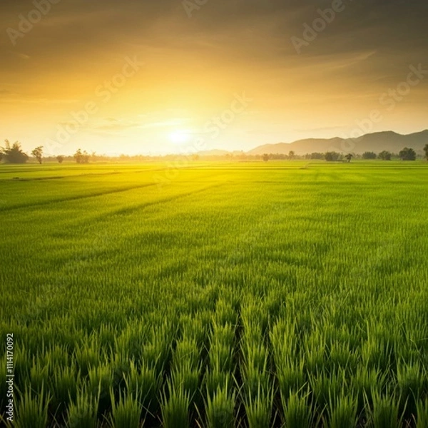 Fototapeta field, grass, landscape, sky, green, nature, meadow, agriculture, summer, wheat, cloud, farm, rural, countryside, blue, country, horizon, spring, sunset, sun, season, land, lawn, plant, sunlight