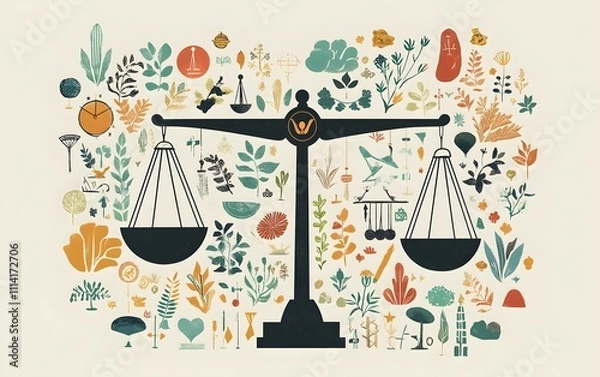 Fototapeta This artistic illustration features a balance scale surrounded by various plants, symbols of nature and harmony, representing the equilibrium between humanity and the environment.