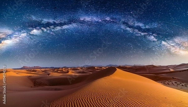 Fototapeta starry night over the sahara desert with twinkling constellations illuminating the vast golden dunes the peaceful atmosphere invites contemplation of the cosmos and the beauty of the desert
