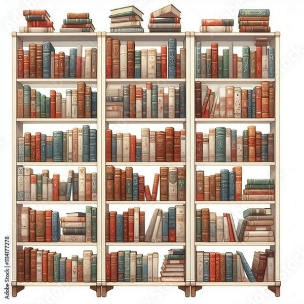 Obraz Watercolor bookshelf clipart filled with books of various sizes on white background