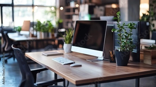 Fototapeta Cozy Home Office Workspace with Computer Monitor and Plants