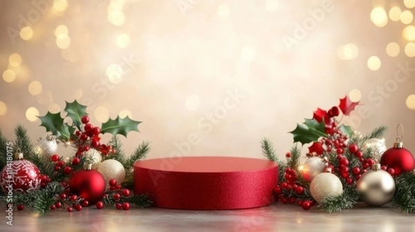 Fototapeta Christmas display with a red podium in the center, adorned with Christmas ornaments, holly, and fir branches. 