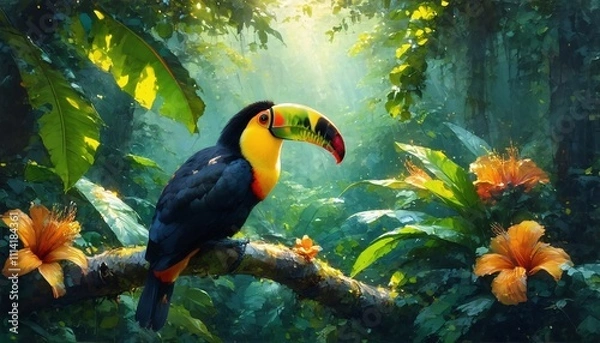 Obraz Colorful Toucan in Tropical Forest - High Resolution Photo of Exotic Bird with Tropical Flowers and Green Foliage