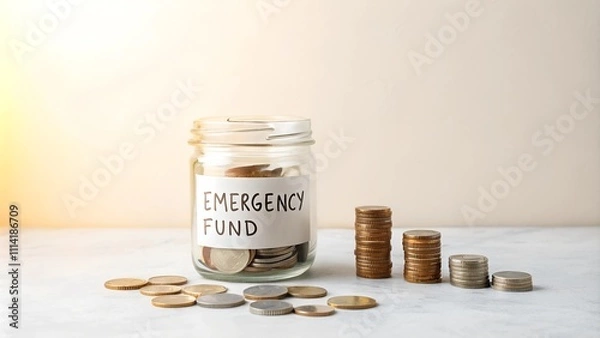 Obraz Emergency fund jar with loose coins and bills on wooden table