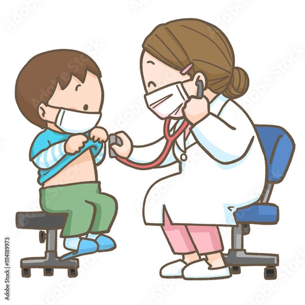 Obraz 聴診器を持って男の子を診察している小児科医