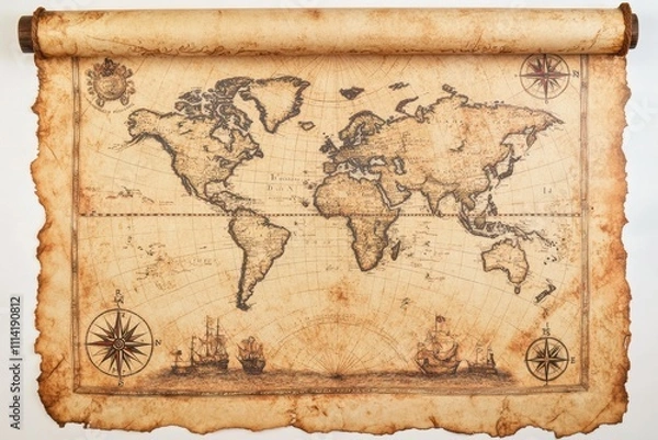 Obraz Antique World Map on a Rolled Parchment with Detailed Compass and Nautical Symbols