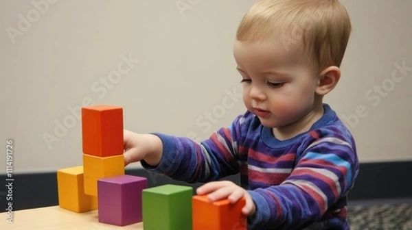 Fototapeta Child’s Hands Building Colorful Wooden Blocks, Promoting Creativity, Early Education, and Hands-On Learning through Play