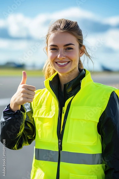 Fototapeta Smiling female airport ground crew worker in reflective vest giving a thumbs-up on a sunny day at the runway
