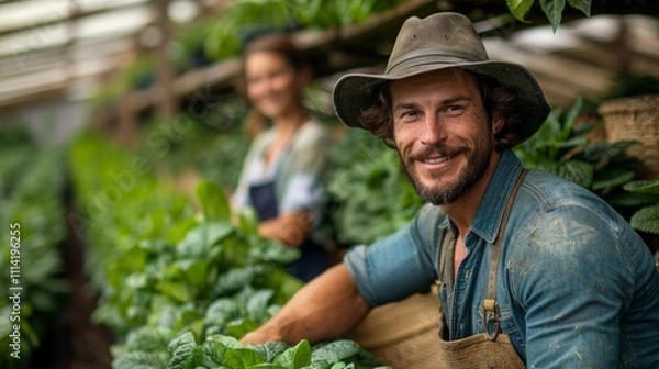 Fototapeta Man in hat and apron smiles in garden with green plants, woman behind also smiling. Scene radiates cheerful, lively garden atmosphere.